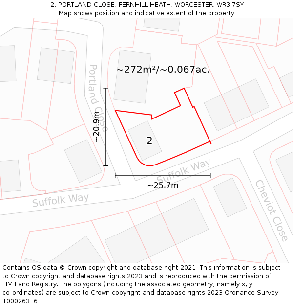 2, PORTLAND CLOSE, FERNHILL HEATH, WORCESTER, WR3 7SY: Plot and title map