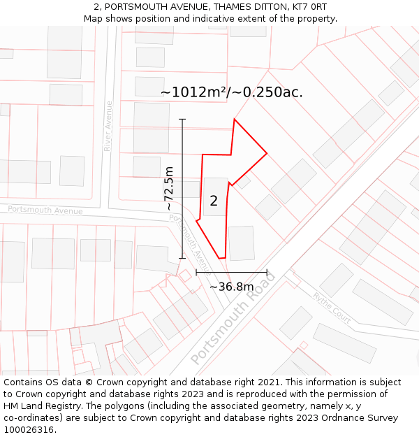 2, PORTSMOUTH AVENUE, THAMES DITTON, KT7 0RT: Plot and title map