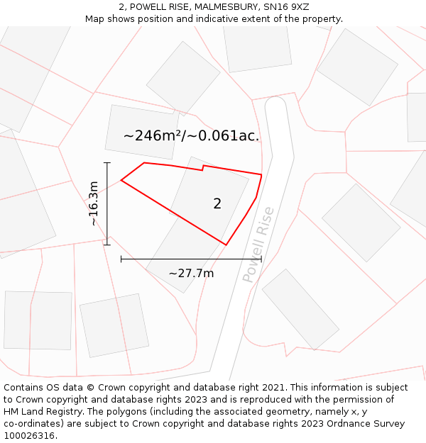 2, POWELL RISE, MALMESBURY, SN16 9XZ: Plot and title map