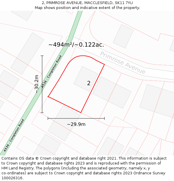 2, PRIMROSE AVENUE, MACCLESFIELD, SK11 7YU: Plot and title map