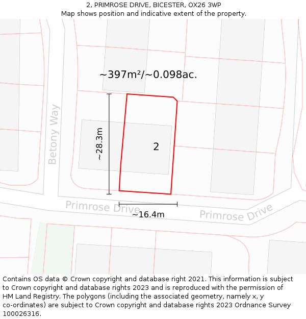 2, PRIMROSE DRIVE, BICESTER, OX26 3WP: Plot and title map