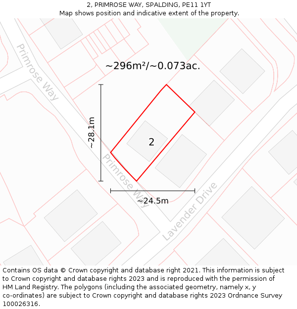 2, PRIMROSE WAY, SPALDING, PE11 1YT: Plot and title map