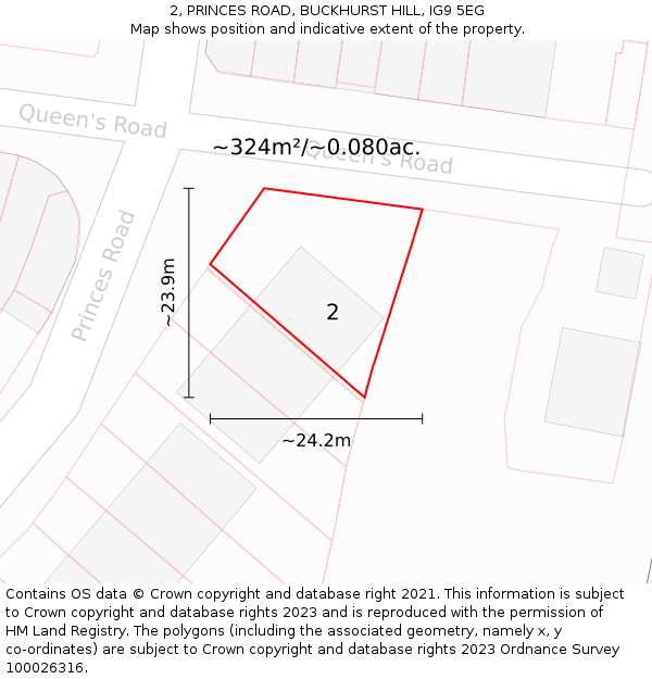2, PRINCES ROAD, BUCKHURST HILL, IG9 5EG: Plot and title map