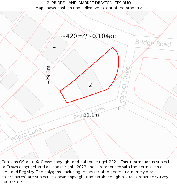 2, PRIORS LANE, MARKET DRAYTON, TF9 3UQ: Plot and title map