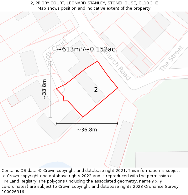 2, PRIORY COURT, LEONARD STANLEY, STONEHOUSE, GL10 3HB: Plot and title map