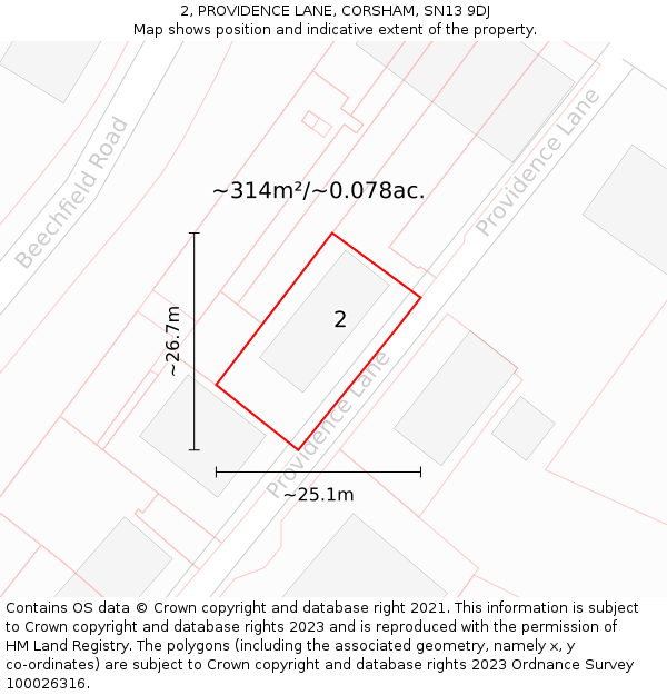 2, PROVIDENCE LANE, CORSHAM, SN13 9DJ: Plot and title map