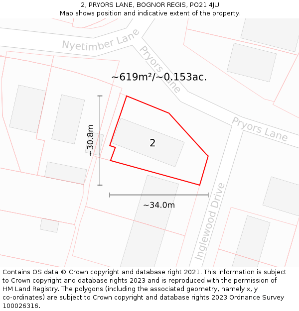 2, PRYORS LANE, BOGNOR REGIS, PO21 4JU: Plot and title map