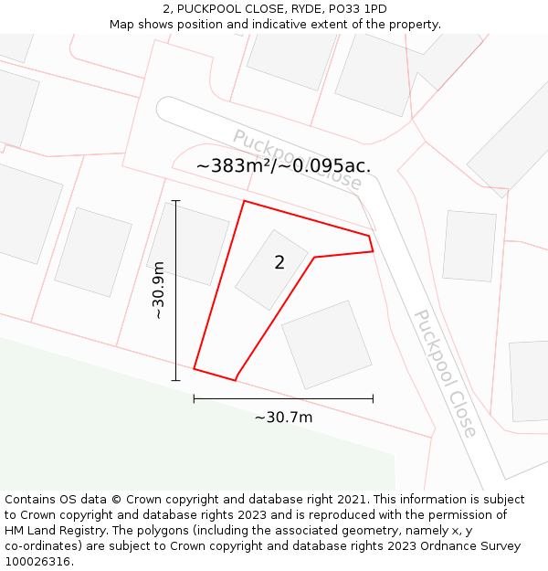 2, PUCKPOOL CLOSE, RYDE, PO33 1PD: Plot and title map