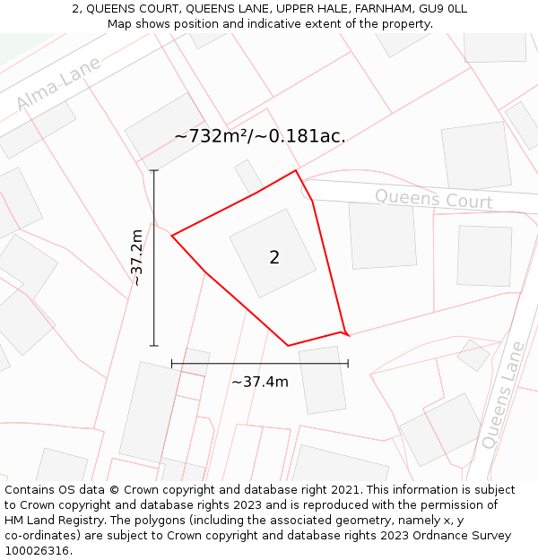 2, QUEENS COURT, QUEENS LANE, UPPER HALE, FARNHAM, GU9 0LL: Plot and title map