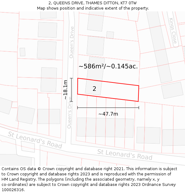 2, QUEENS DRIVE, THAMES DITTON, KT7 0TW: Plot and title map