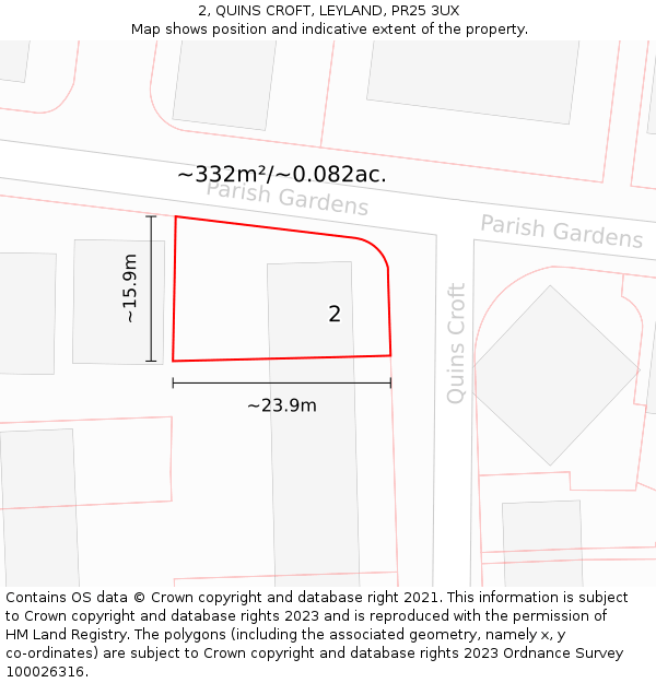 2, QUINS CROFT, LEYLAND, PR25 3UX: Plot and title map