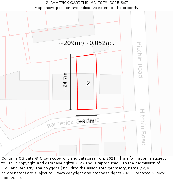 2, RAMERICK GARDENS, ARLESEY, SG15 6XZ: Plot and title map