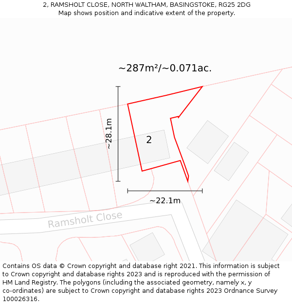 2, RAMSHOLT CLOSE, NORTH WALTHAM, BASINGSTOKE, RG25 2DG: Plot and title map