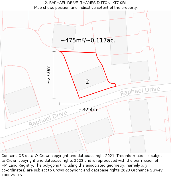 2, RAPHAEL DRIVE, THAMES DITTON, KT7 0BL: Plot and title map