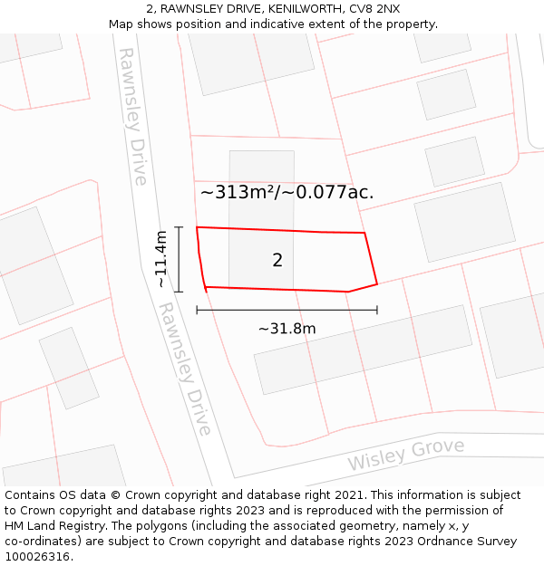 2, RAWNSLEY DRIVE, KENILWORTH, CV8 2NX: Plot and title map