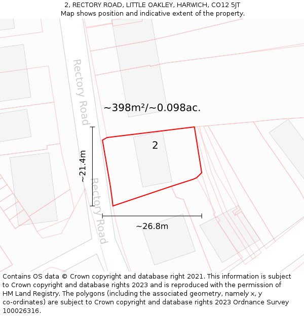 2, RECTORY ROAD, LITTLE OAKLEY, HARWICH, CO12 5JT: Plot and title map