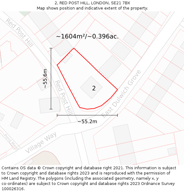 2, RED POST HILL, LONDON, SE21 7BX: Plot and title map