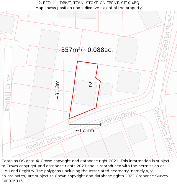 2, REDHILL DRIVE, TEAN, STOKE-ON-TRENT, ST10 4RQ: Plot and title map