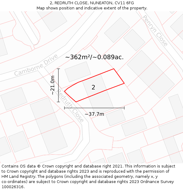 2, REDRUTH CLOSE, NUNEATON, CV11 6FG: Plot and title map
