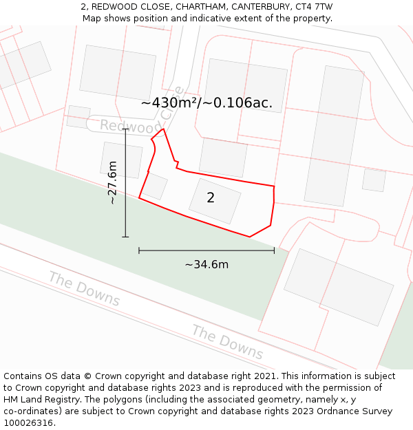 2, REDWOOD CLOSE, CHARTHAM, CANTERBURY, CT4 7TW: Plot and title map