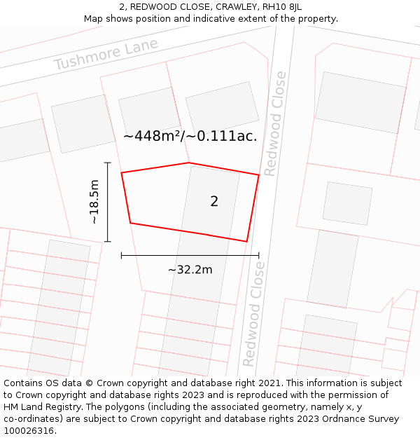 2, REDWOOD CLOSE, CRAWLEY, RH10 8JL: Plot and title map