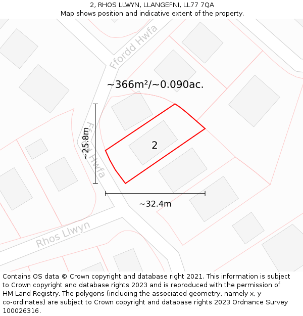 2, RHOS LLWYN, LLANGEFNI, LL77 7QA: Plot and title map