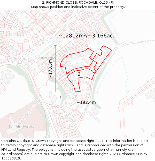 2, RICHMOND CLOSE, ROCHDALE, OL16 4RJ: Plot and title map