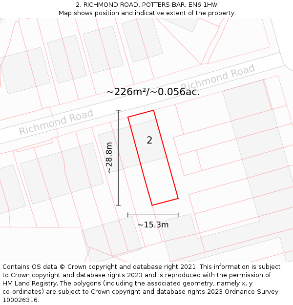 2, RICHMOND ROAD, POTTERS BAR, EN6 1HW: Plot and title map