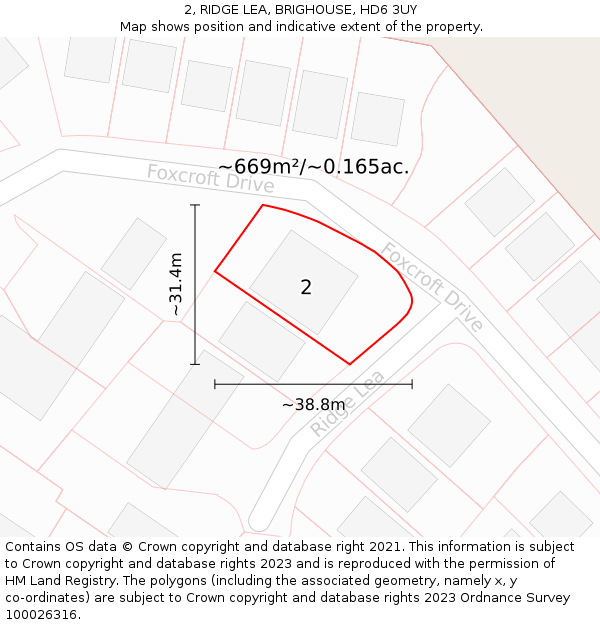 2, RIDGE LEA, BRIGHOUSE, HD6 3UY: Plot and title map