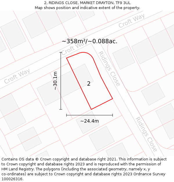 2, RIDINGS CLOSE, MARKET DRAYTON, TF9 3UL: Plot and title map