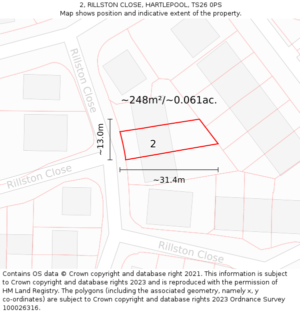 2, RILLSTON CLOSE, HARTLEPOOL, TS26 0PS: Plot and title map