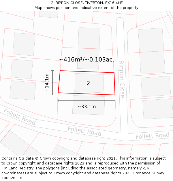 2, RIPPON CLOSE, TIVERTON, EX16 4HF: Plot and title map