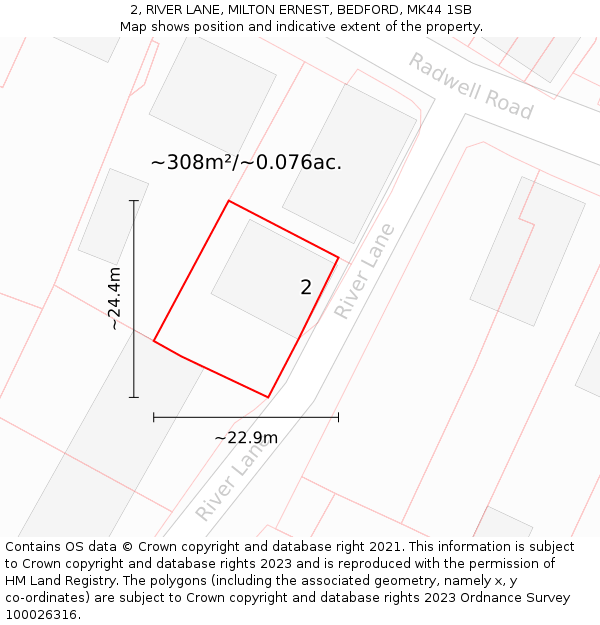 2, RIVER LANE, MILTON ERNEST, BEDFORD, MK44 1SB: Plot and title map