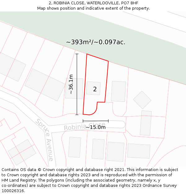 2, ROBINIA CLOSE, WATERLOOVILLE, PO7 8HF: Plot and title map