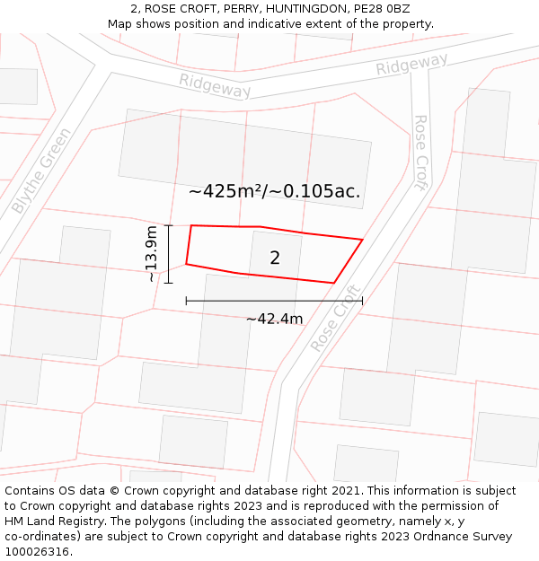 2, ROSE CROFT, PERRY, HUNTINGDON, PE28 0BZ: Plot and title map