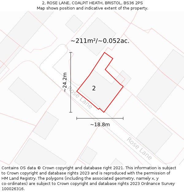 2, ROSE LANE, COALPIT HEATH, BRISTOL, BS36 2PS: Plot and title map