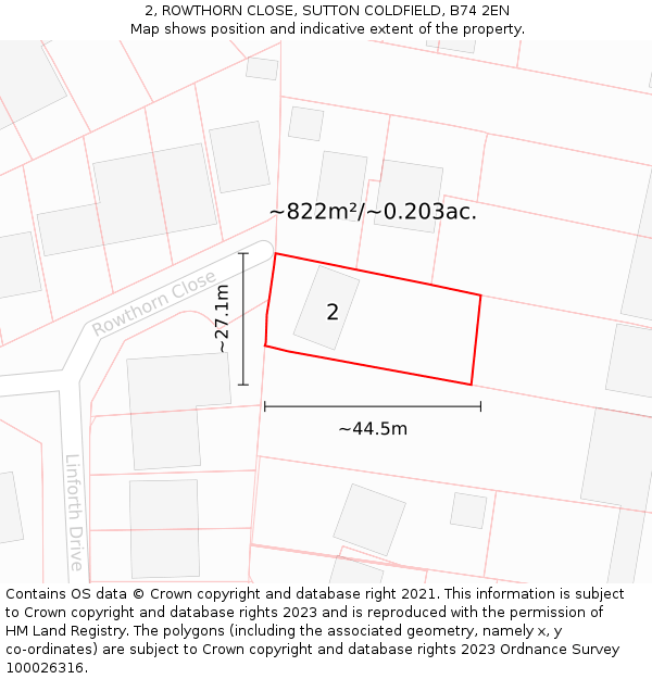 2, ROWTHORN CLOSE, SUTTON COLDFIELD, B74 2EN: Plot and title map