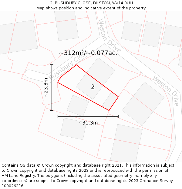 2, RUSHBURY CLOSE, BILSTON, WV14 0UH: Plot and title map