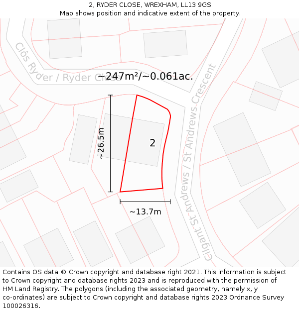 2, RYDER CLOSE, WREXHAM, LL13 9GS: Plot and title map