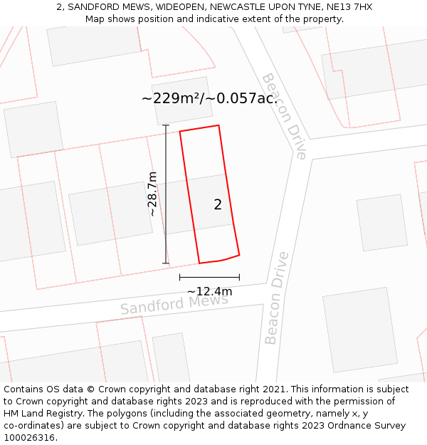 2, SANDFORD MEWS, WIDEOPEN, NEWCASTLE UPON TYNE, NE13 7HX: Plot and title map