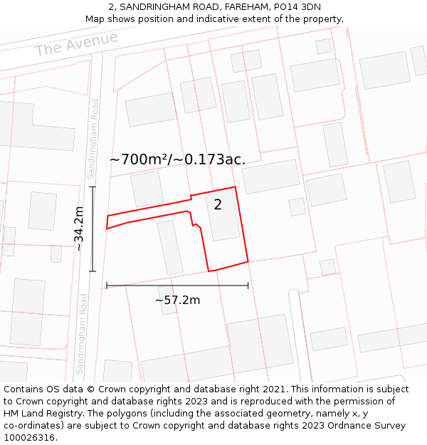 2, SANDRINGHAM ROAD, FAREHAM, PO14 3DN: Plot and title map