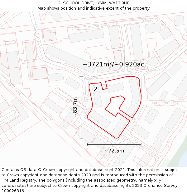 2, SCHOOL DRIVE, LYMM, WA13 9UR: Plot and title map