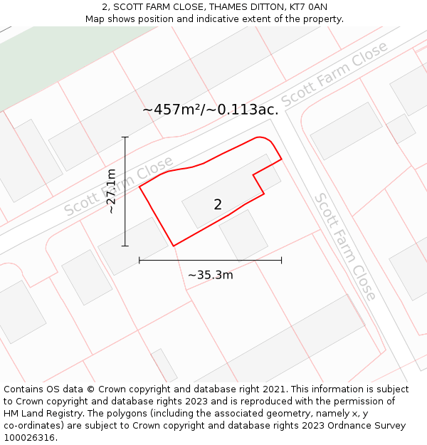 2, SCOTT FARM CLOSE, THAMES DITTON, KT7 0AN: Plot and title map