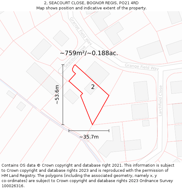 2, SEACOURT CLOSE, BOGNOR REGIS, PO21 4RD: Plot and title map