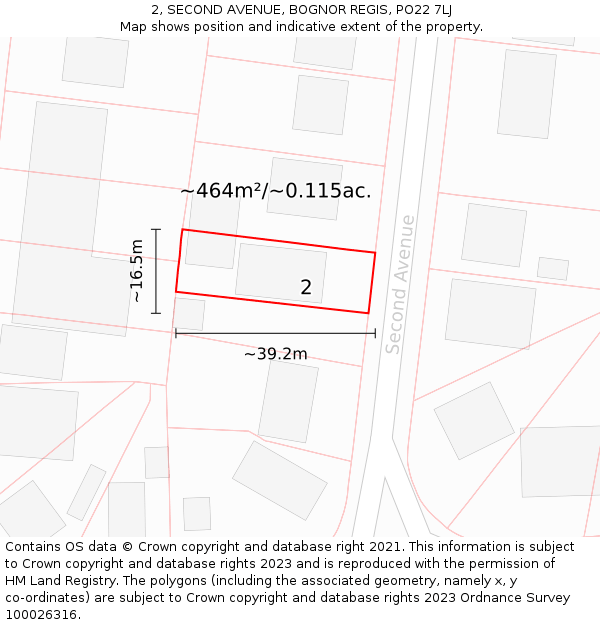 2, SECOND AVENUE, BOGNOR REGIS, PO22 7LJ: Plot and title map