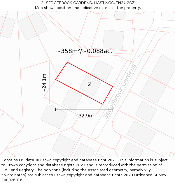 2, SEDGEBROOK GARDENS, HASTINGS, TN34 2SZ: Plot and title map