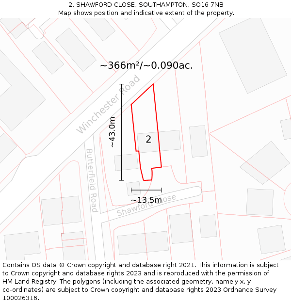 2, SHAWFORD CLOSE, SOUTHAMPTON, SO16 7NB: Plot and title map