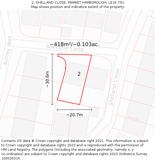 2, SHELLAND CLOSE, MARKET HARBOROUGH, LE16 7XU: Plot and title map