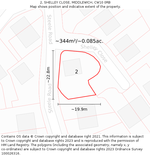 2, SHELLEY CLOSE, MIDDLEWICH, CW10 0RB: Plot and title map