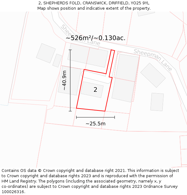 2, SHEPHERDS FOLD, CRANSWICK, DRIFFIELD, YO25 9YL: Plot and title map